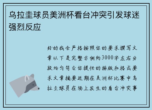 乌拉圭球员美洲杯看台冲突引发球迷强烈反应